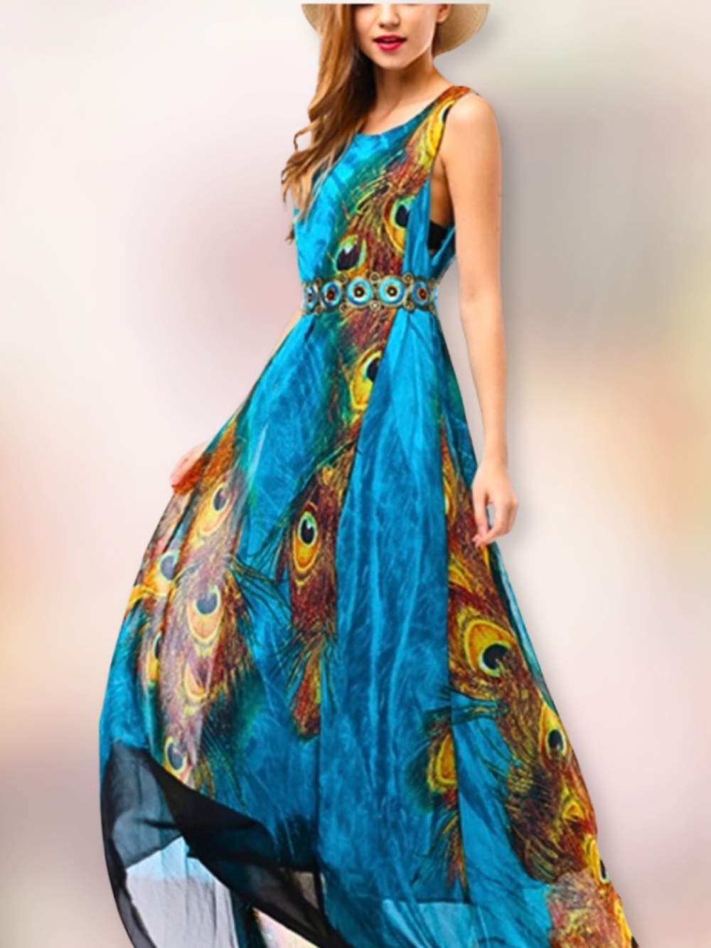 SHEER MAXI DRESS Lined Blue Gold Peacock Inspired Sleeveless + Belt Womens SZ 8